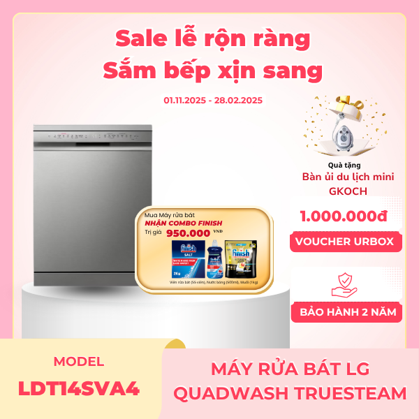 LDT14SVA4 - Máy rửa bát LG Quadwash TrueSteam™ màu bạc ghi sáng